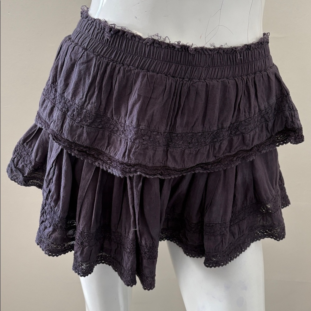 LoveShackFancy Purple Tiered Ruffle Boho Mini Skirt w Lace crochet Details